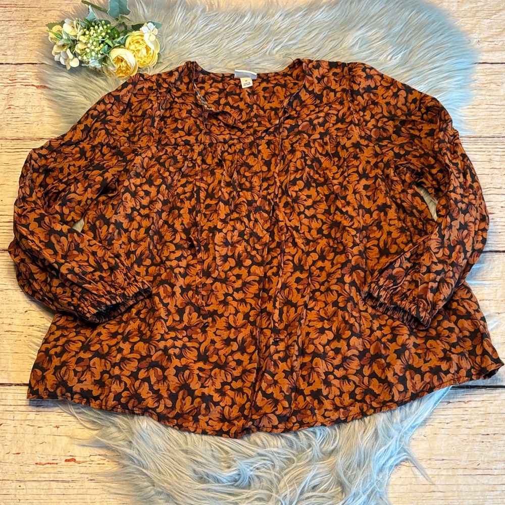 A New Day Orange Black Floral Fall Blouse sz M
